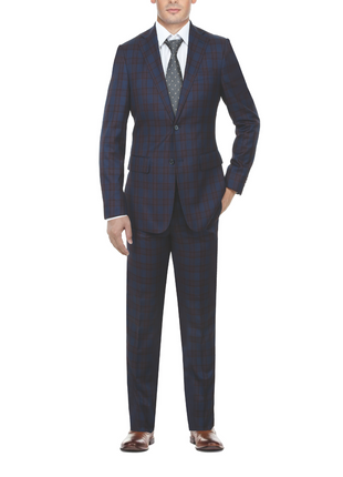English Laundry Glen Plaid Blue & Rust Slim Fit Notch Lapel 2 Button Stretch Suit