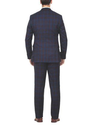 English Laundry Glen Plaid Blue & Rust Slim Fit Notch Lapel 2 Button Stretch Suit