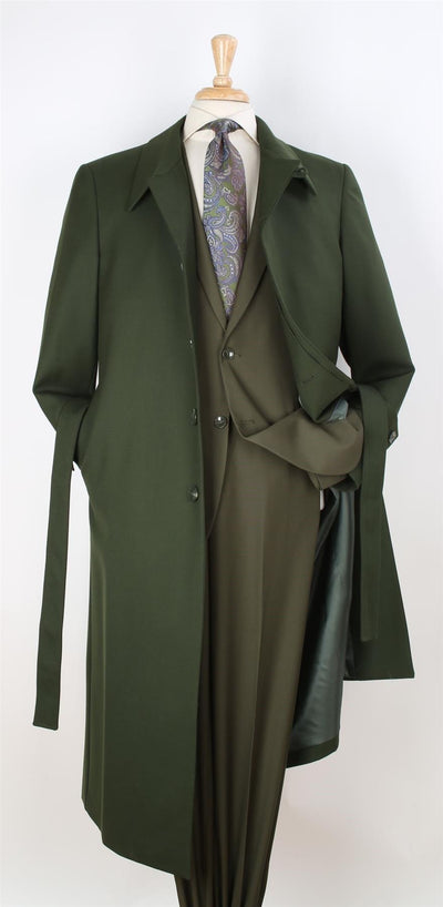 Black Diamond Mens Solid Green 100% Wool Gabardine Belted Duster Overcoat