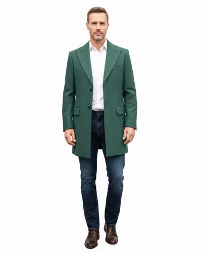 Canuti By Steven Land Mens Green 100% Wool 3/4 Length Overcoat With Peak Lapels