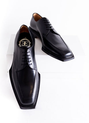 Emeraldi Mens Black Square Toe Lace-up Oxford Calfskin Leather Italian Dress Shoes