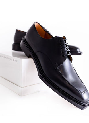 Emeraldi Mens Black Square Toe Lace-up Oxford Calfskin Leather Italian Dress Shoes
