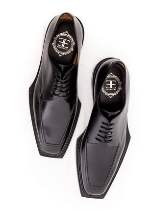 Emeraldi Mens Black Square Toe Lace-up Oxford Calfskin Leather Italian Dress Shoes