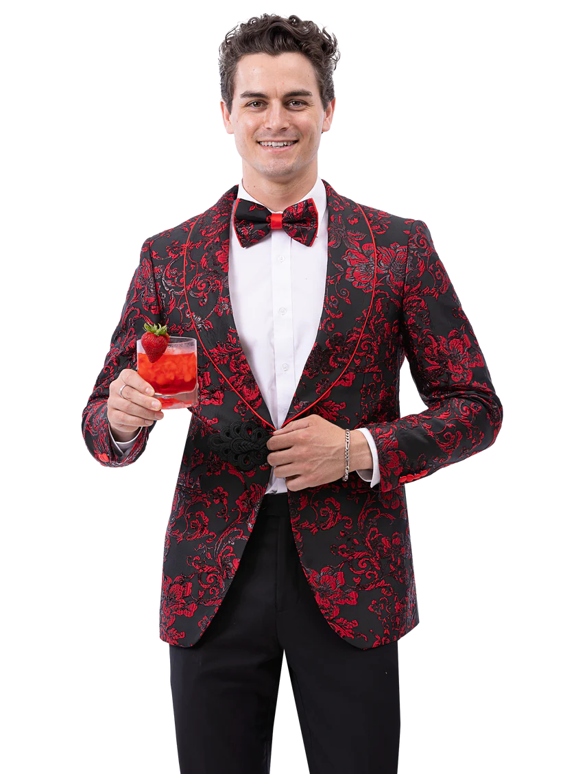 Kent & Park Mens Red & Black Cotton Blend Tuxedo Prom Jacket With Matching Bowtie