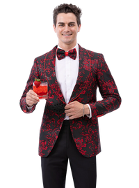 Thumbnail for Kent & Park Mens Red & Black Cotton Blend Tuxedo Prom Jacket With Matching Bowtie