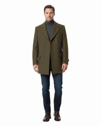 Canuti By Steven Land Mens Solid Olive Green Double Breasted 100% Wool Overcoat