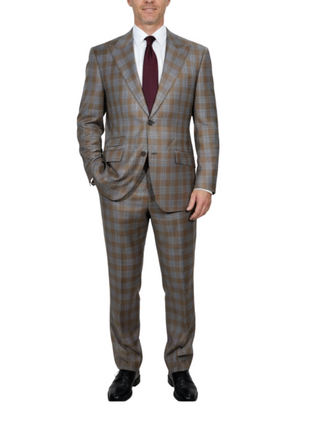 Beragamo Elegant Mens Beige With Light Blue Plaid Modern Fit Peak Lapel Wool 2 Button Suit