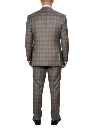Beragamo Elegant Mens Beige With Light Blue Plaid Modern Fit Peak Lapel Wool 2 Button Suit