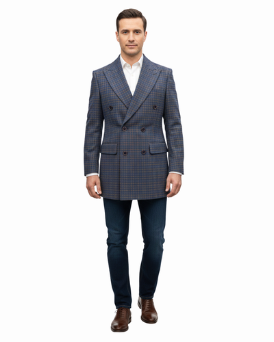 Canuti By Steven Land Mens Blue Check Double Breasted 100% Wool Overcoat