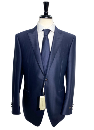 Canali Navy Blue Tonal Pinstriped Peak Lapel Wool-Silk Blend 1 Button Suit 44L