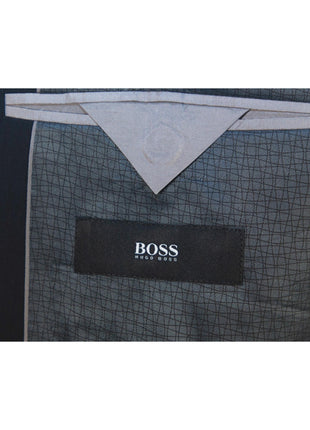 Hugo Boss Mens 42L Black Striped 100% Italian Super 110s Wool Slim Fit Suit