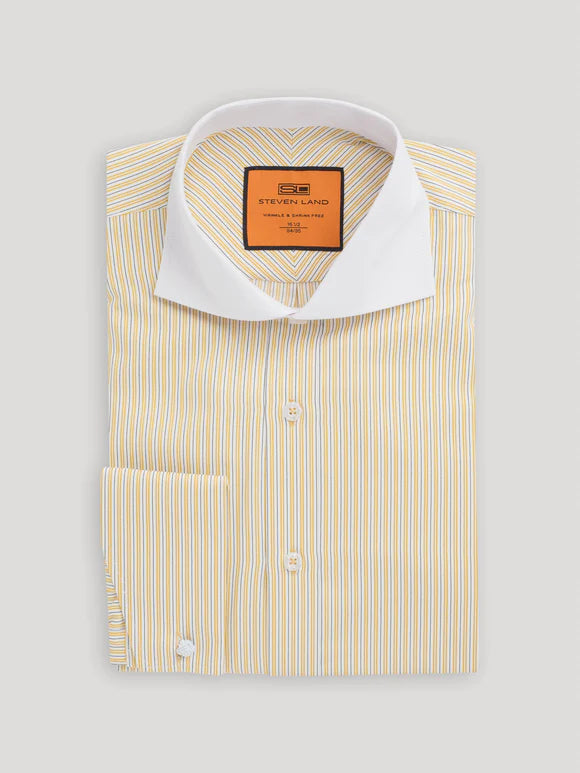 Steven Land Gold Striped French Cuff Contrast Collar Cotton Blend Dress Shirt