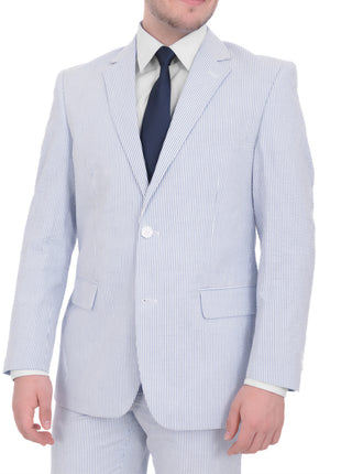 Emigre Classic Fit Blue Striped Two Button Cotton Seersucker Suit