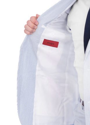 Emigre Classic Fit Blue Striped Two Button Cotton Seersucker Suit