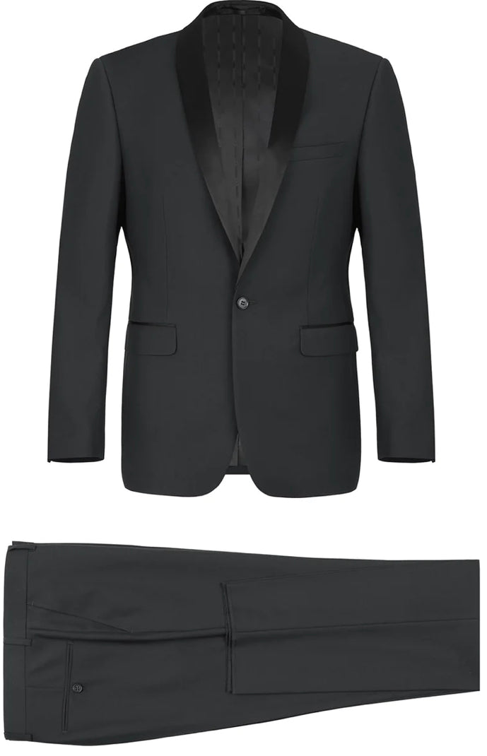 Men's Slim Fit 1 Button Shawl Lapel Tuxedo Jacket & Pants - Black
