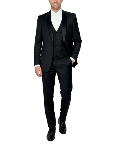 Corneliani Mens Solid Black Fully-Canvassed Shawl Lapel Slim Fit 3-Piece Wool Tuxedo - 42R