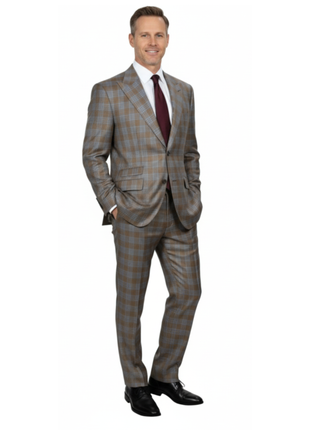 Beragamo Elegant Mens Beige With Light Blue Plaid Modern Fit Peak Lapel Wool 2 Button Suit