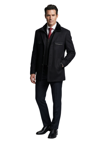Pierre Carlos Mens Solid Black Wool Cashmere Overcoat