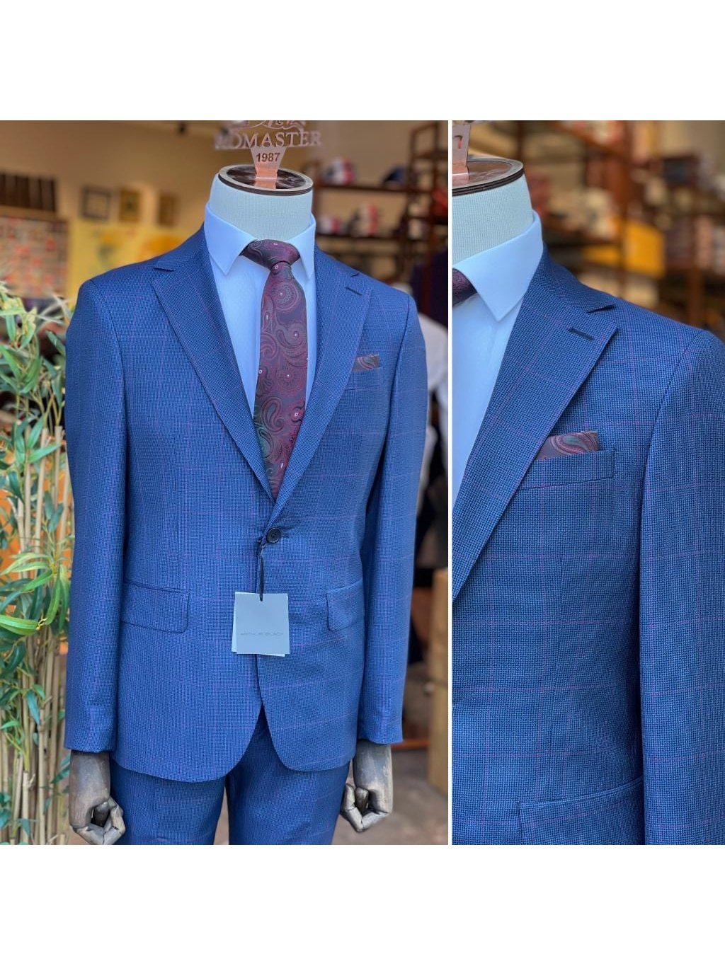 Arthur Black SUITS Arthur Black Mens Blue With Pink Check Slim Fit 100% VBC Wool Prehemmed Suit