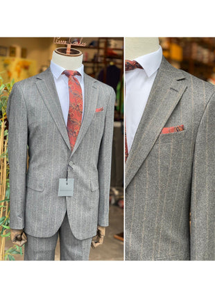 Arthur Black SUITS Arthur Black Mens Charcoal Gray Pinstriped Slim Fit 100% VBC Wool Prehemmed Suit