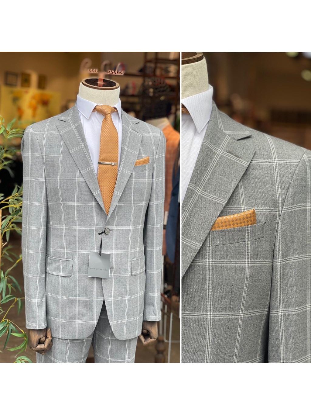 Arthur Black SUITS Arthur Black Mens Gray Plaid Slim Fit 100% VBC Wool Prehemmed Suit