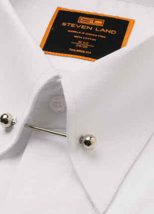 Steven Land Men's Solid White Pinned Collar French Cuff Cotton Dress Shirt