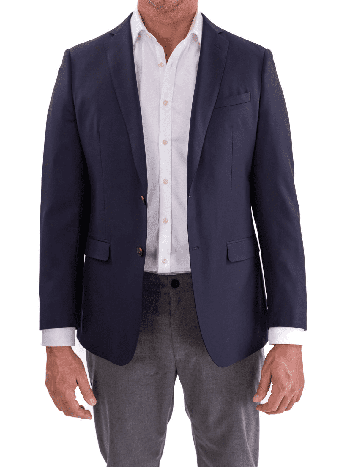 Blujacket BLAZERS 42L Blujacket Men&#39;s Solid Navy Blue Textured Vital Barberis Canonico Wool Regular Fit Blazer Sportcoat