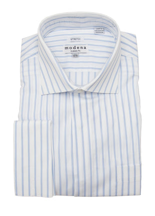 Brand M SHIRTS Mens Cotton Blue Striped Classic Fit Cutaway Collar Stretch Dress Shirt