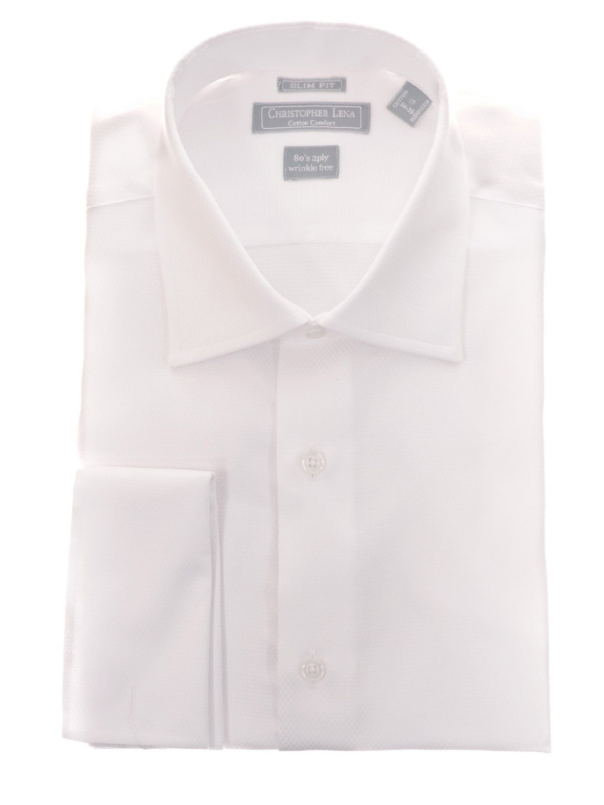 Men's Slim Fit White Textured Spread Collar French Cuff Cotton Dress Shirt