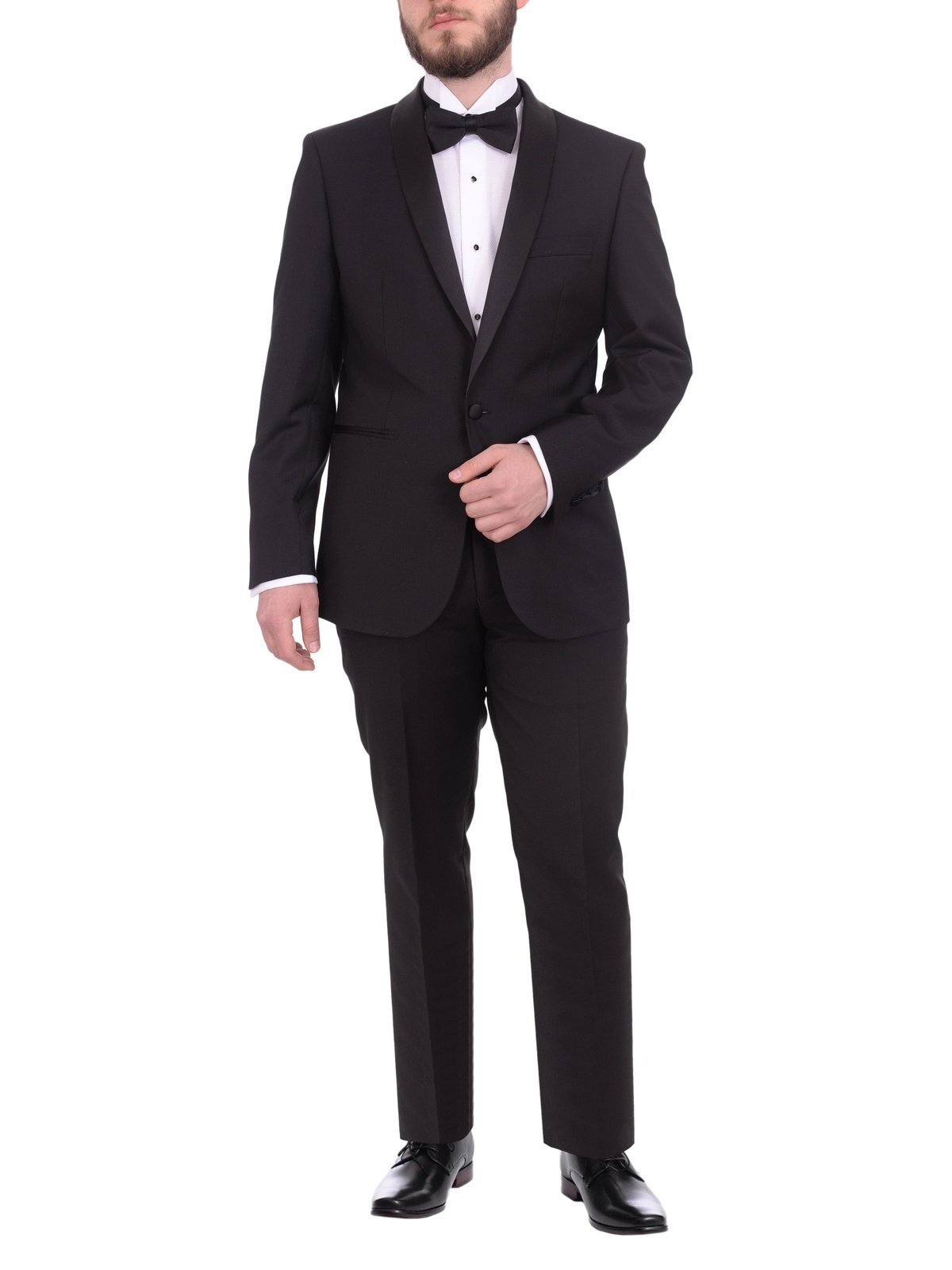 Gino Vitale TUXEDOS Gino Vitale Slim Fit Solid Black One Button Tuxedo Suit With Satin Shawl Lapels