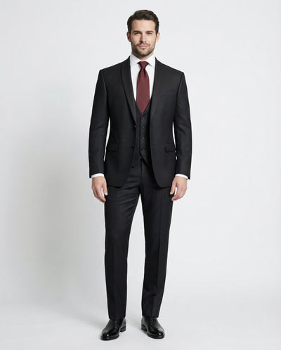 Corneliani Mens Black Textured Fully-Canvassed Shawl Lapel Classic Fit 3-Piece Wool Suit - 42R
