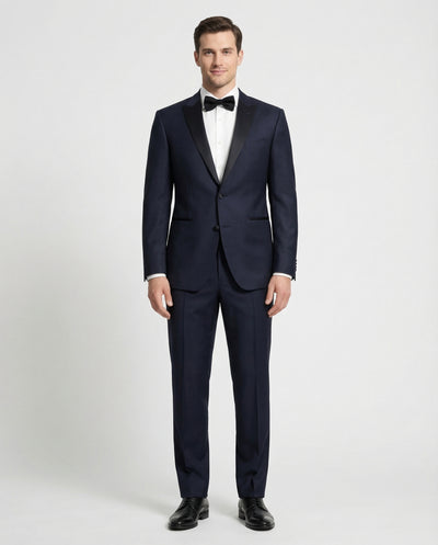 Canali Solid Dark Navy With Black Satin Peak Lapel Slim Fit 2-Button Tuxedo 46R