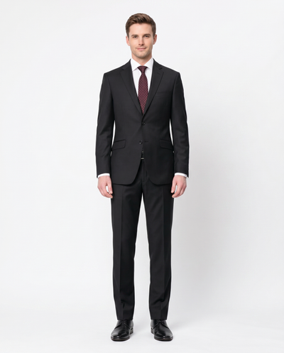 Sartoria Mazara Solid Black Slim Fit Notch Lapel Wrinkle Resistant 2-Button Wool Suit