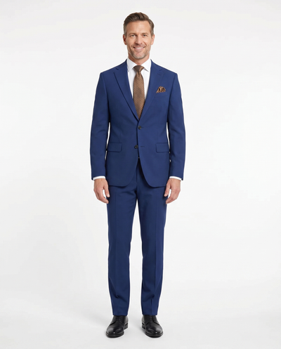Mens Solid Blue Slim Fit 100% Stretch Wool Prehemmed Suit