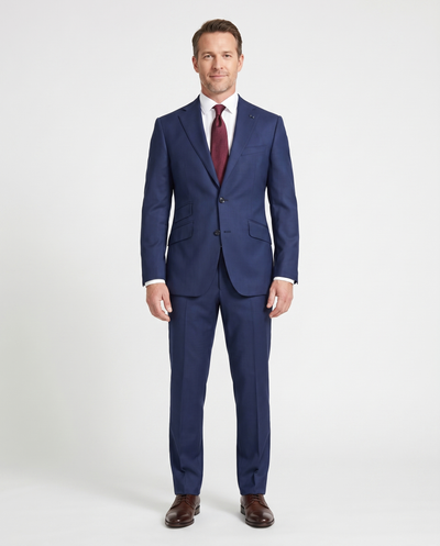 Arthur Black Solid Dark Blue Slim Fit Marzotto Gabardine Wool 2-Button Suit