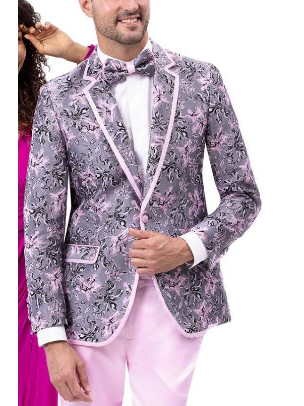 Kent &amp; Park Mens Gray &amp; Purple Cotton Blend 2 Piece Floral Prom Tuxedo Suit