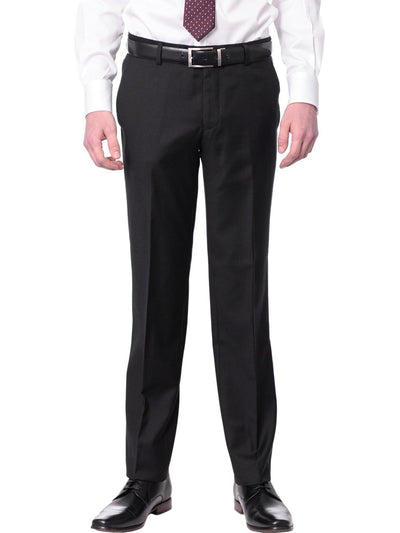 Mens European Slim Fit Solid Black Flat Front Wool Dress Pants