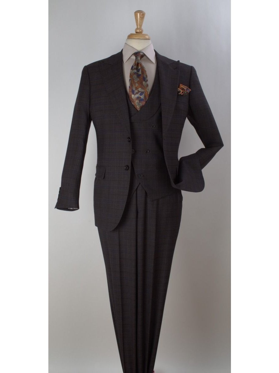 Apollo King Mens Brown Plaid Regular Fit 100% Wool 3 Piece Suit With Peak Lapels