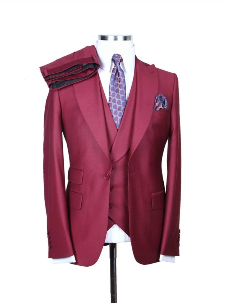 Alberto Nardoni SUITS Alberto Nardoni Mens Solid Burgundy 100% Wool 1 Button 3 Piece Regular Fit Suit