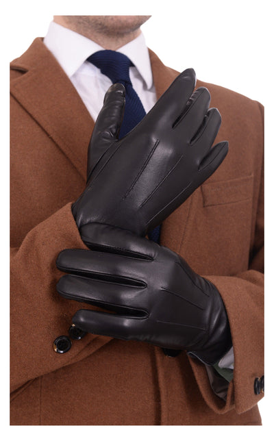 Ariston Mens Solid Black Touch Screen Genuine Leather Gloves