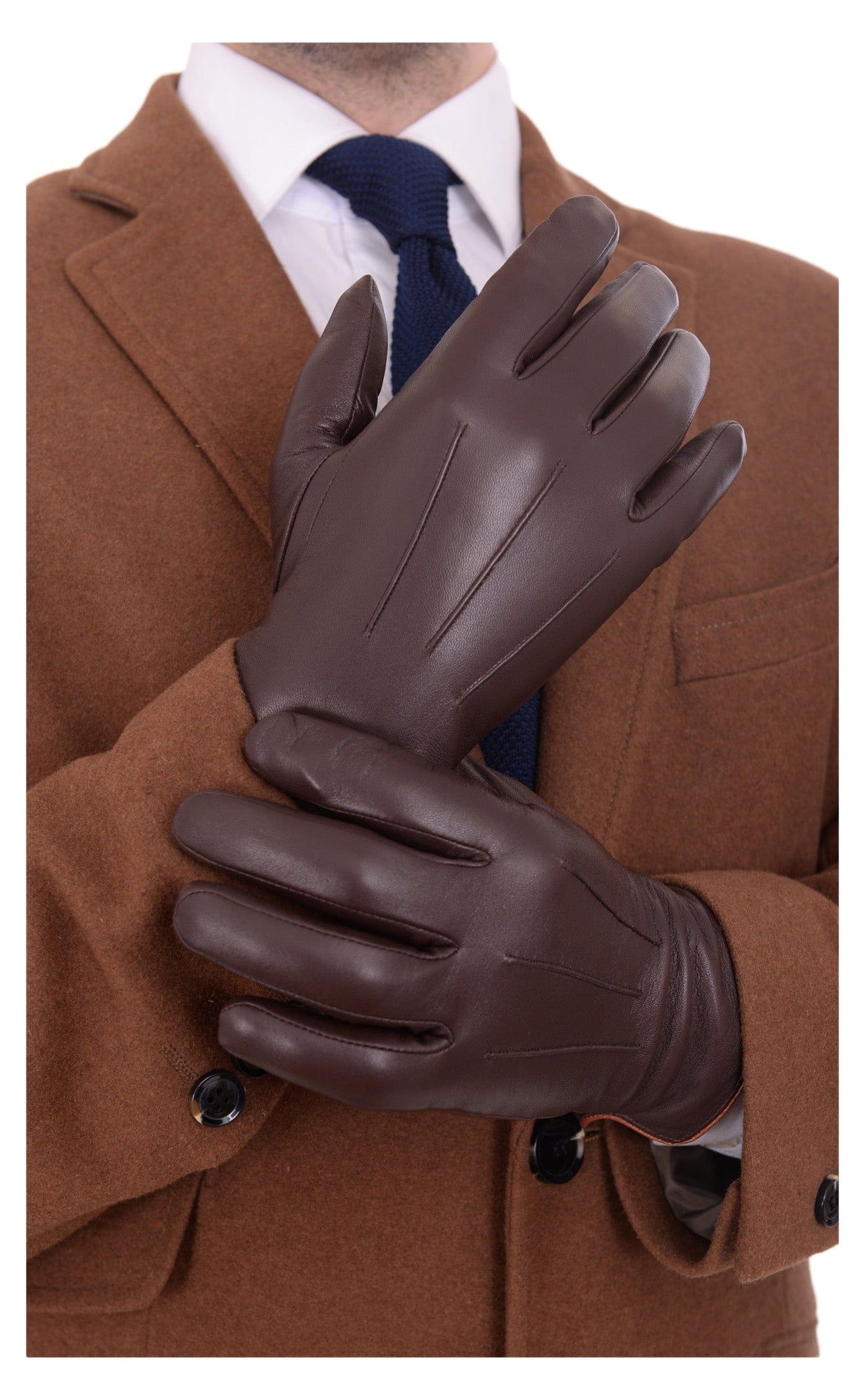 Ariston Ariston Mens Solid Brown Touch Screen Leather Gloves