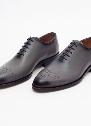 Ariston SHOES Ariston Mens Solid Gray Whole Cut Oxford Leather Dress Shoes