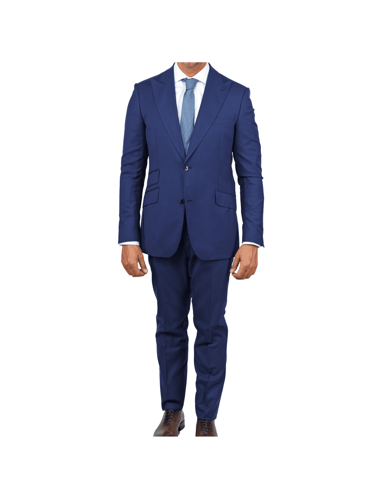 dark blue gabardine suit with peak lapels