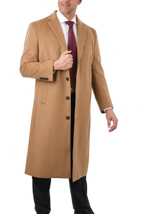 Arthur Black OUTERWEAR Mens Regular Fit Solid Camel Tan Full Length Wool Cashmere Overcoat Top Coat