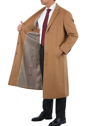 Arthur Black OUTERWEAR Mens Regular Fit Solid Camel Tan Full Length Wool Cashmere Overcoat Top Coat