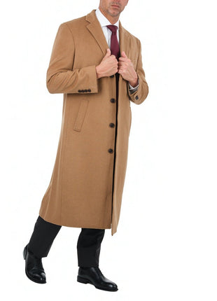 Arthur Black OUTERWEAR Mens Regular Fit Solid Camel Tan Full Length Wool Cashmere Overcoat Top Coat