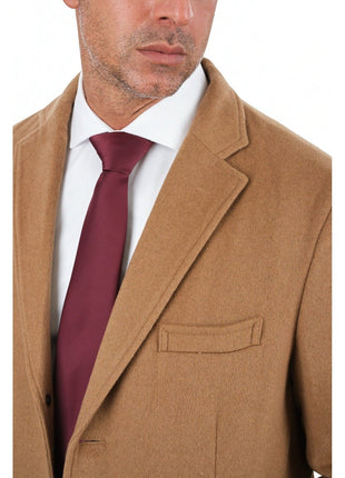 Arthur Black OUTERWEAR Mens Regular Fit Solid Camel Tan Full Length Wool Cashmere Overcoat Top Coat