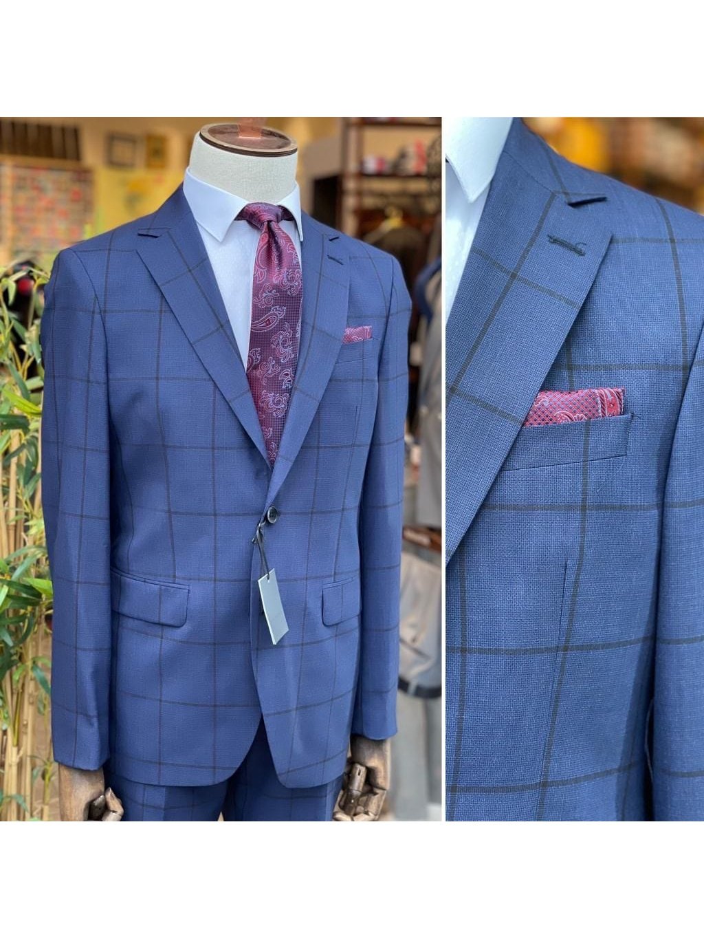 Arthur Black SUITS Arthur Black Mens Navy Blue Windowpane Slim Fit 100% VBC Wool Prehemmed Suit