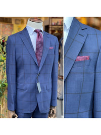 Thumbnail for Arthur Black SUITS Arthur Black Mens Navy Blue Windowpane Slim Fit 100% VBC Wool Prehemmed Suit