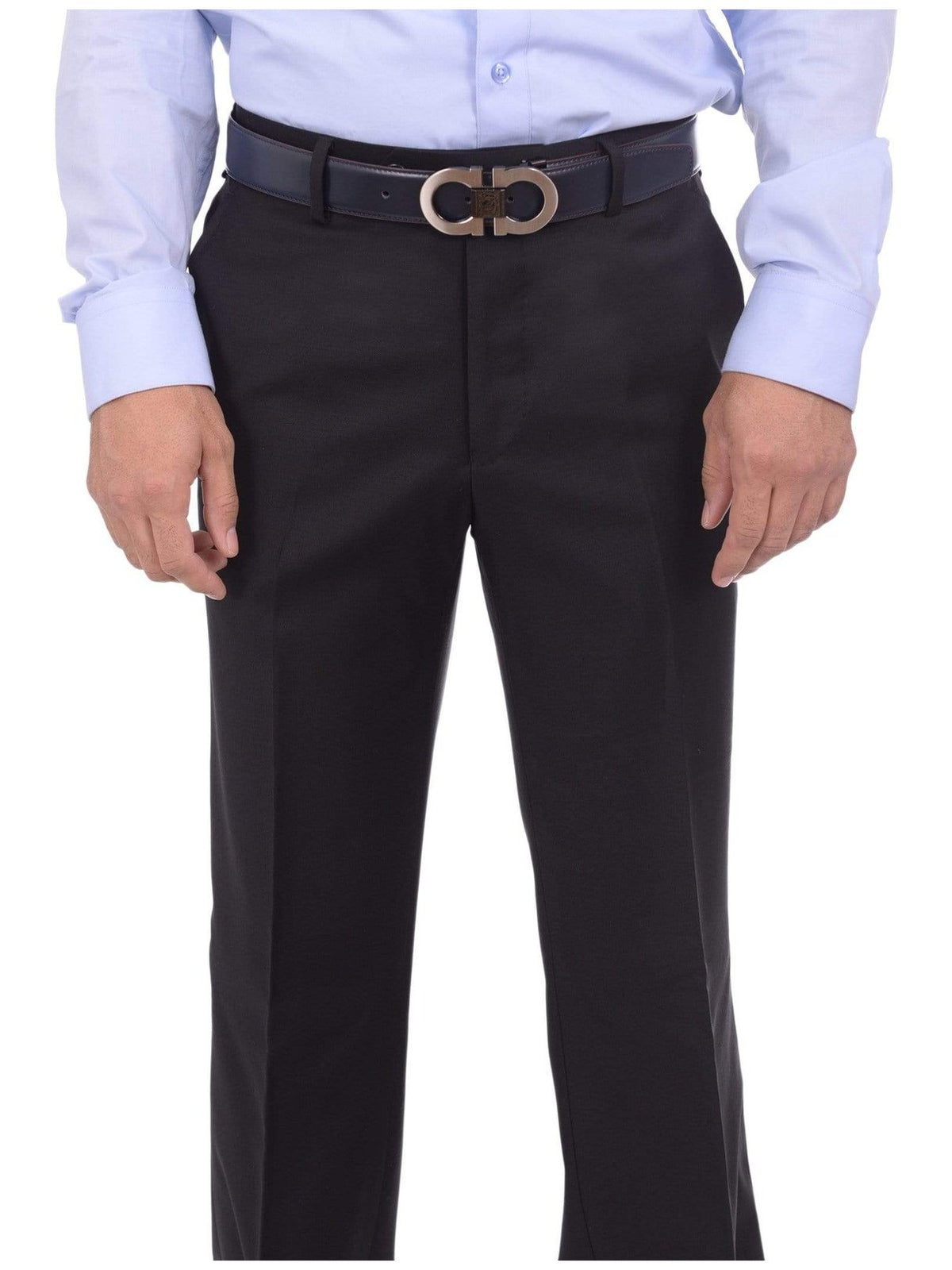 Bartorelli PANTS Mens Napoli Extra Slim Fit Solid Black Flat Front Wool Cashmere Dress Pants